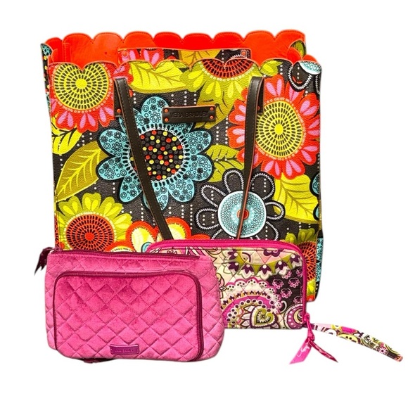Vera Bradley ‘Flower Shower’ Tote Set + Rosy Orchid Pink Cosmetic Bag & Wallet - Picture 1 of 15